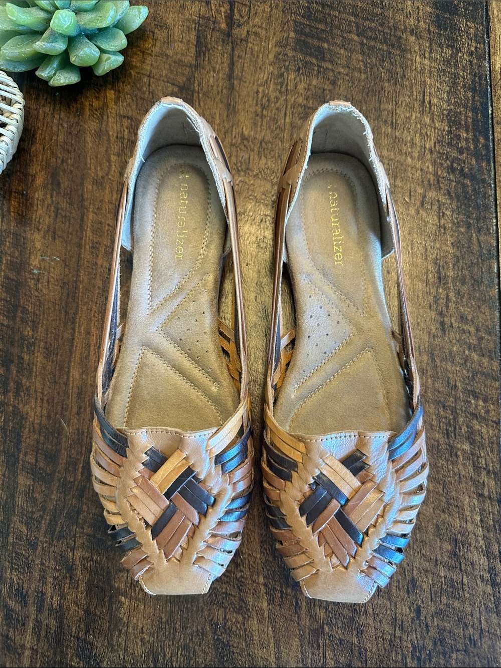 Naturalizer | Woven Leather Huarache Flats Boho Brown Tan Slip On,  Size 8.5